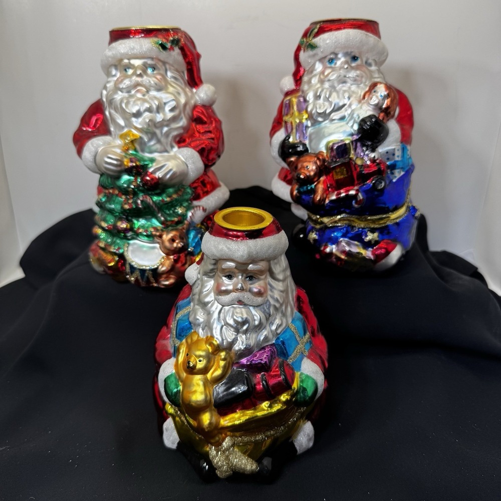 Three Santa Claus Candle Holder Tea Light/Taper Christmas Tree Glass Glitter